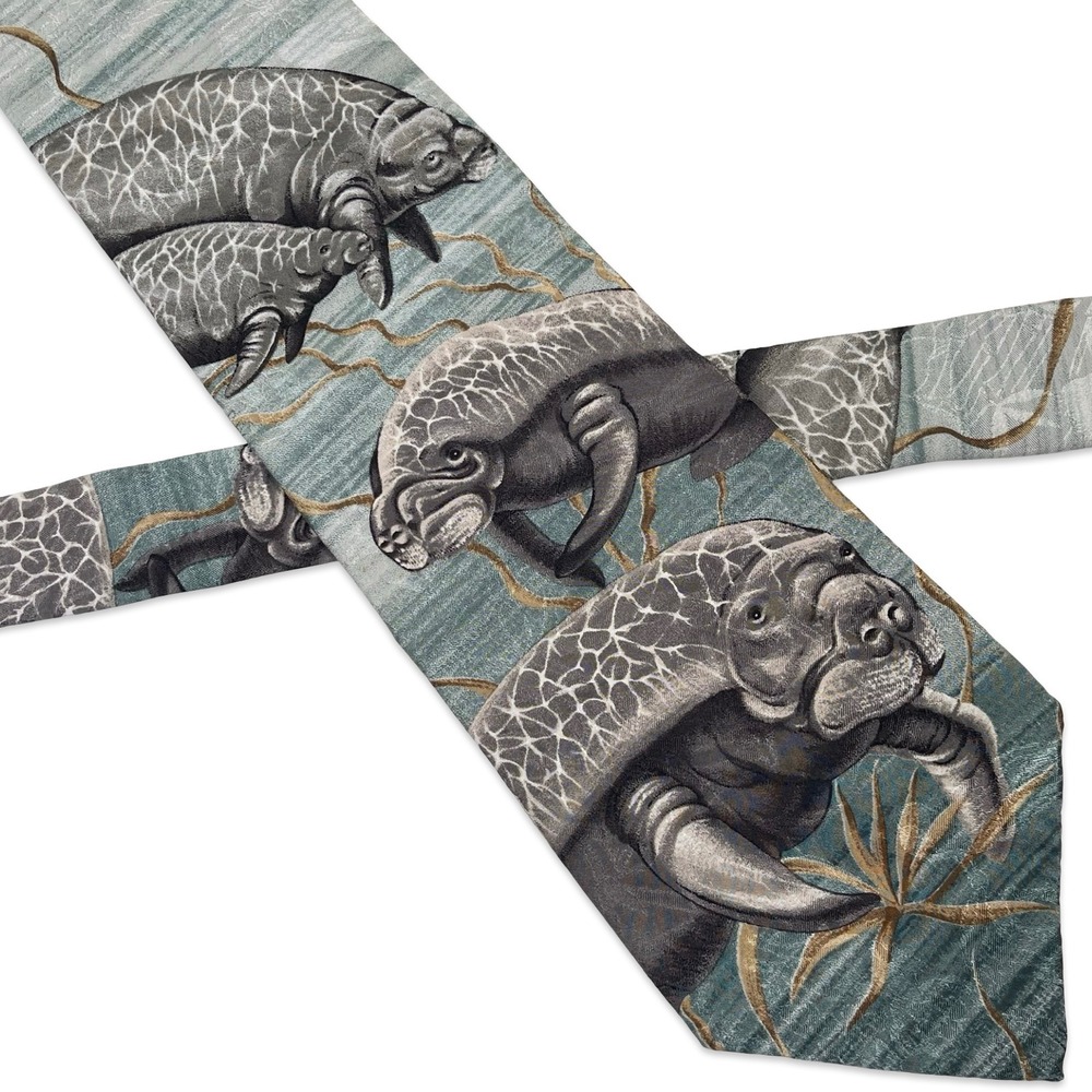 Vintage Endangered Species Necktie Tie Manatee Moon Marc Dennis Blue Silk Marine